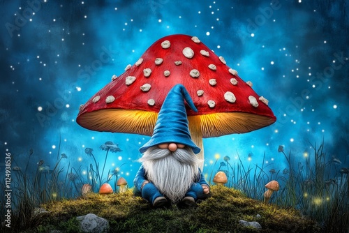 A dreamy watercolor depiction of a gnome under a glowing mushroom, with vibrant yet soft blending of colors photo