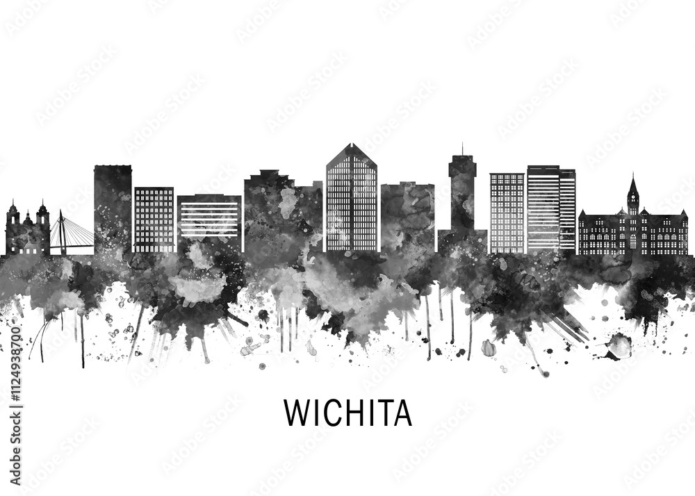Obraz premium Wichita Kansas Skyline BW, landscape watercolor abstract painting print poster Heilongjiang travel illustration urban art modern downtown landmarks