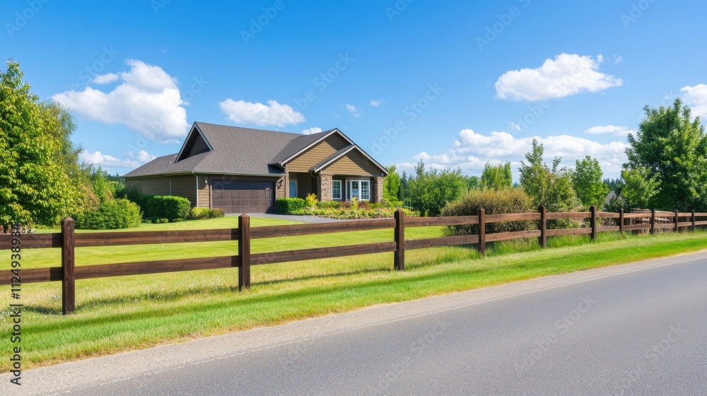Obraz premium Beautiful suburban home with well-maintained garden and fence under blue sky