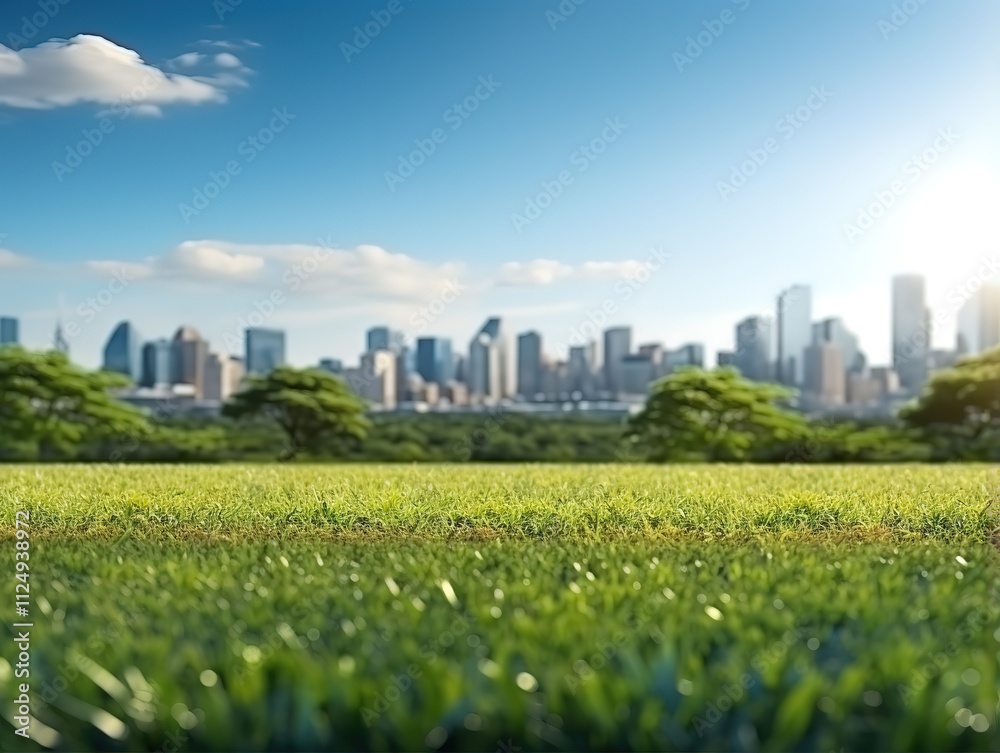 Fototapeta premium Incredible Urban Park with Lush Grass and City Skyline on Sunny Day