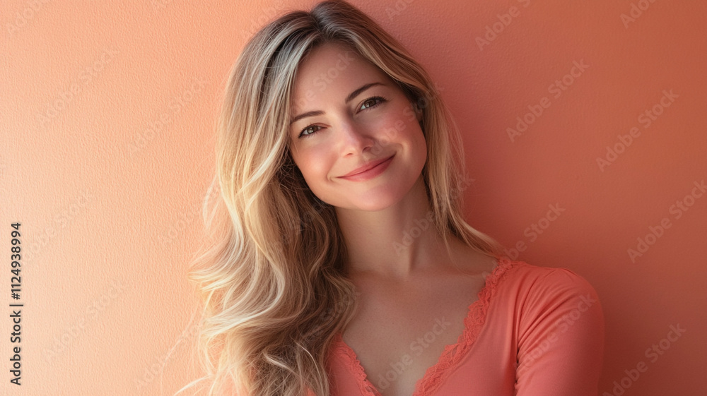 Smiling blonde long-haired girl against a peach background. Smiling blonde long-haired girl against a peach background.