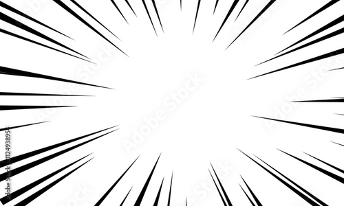 Comic book black and white radial lines background. Superhero action explosion, anime comic manga fast speed lines movement effect frame vector illustration isolated on white background. photo