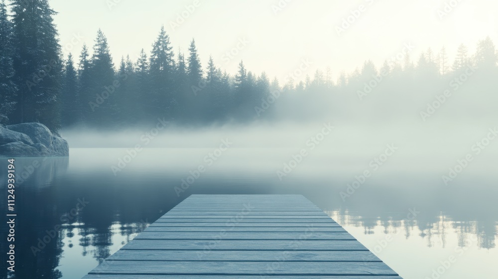 Tranquil Misty Lake Scene with Dock and Pine Trees in Morning Light Tranquil Misty Lake Scene with Dock and Pine Trees in Morning Light