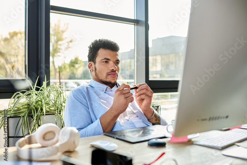 Handsome man deep in thought at a sleek desk, engaging with his computer in a bright office. photo