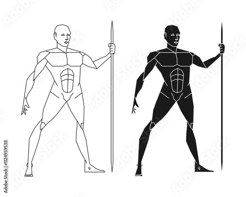 Man posing with javelin or spear. Male human body gesture drawing. How to draw. Figure silhouette. Vector illustration image.