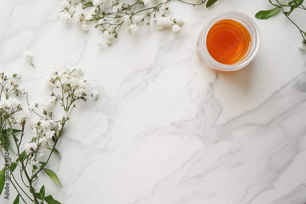Product flatlay with a blank space, tea and flowers. Product flatlay with a blank space, tea and flowers.