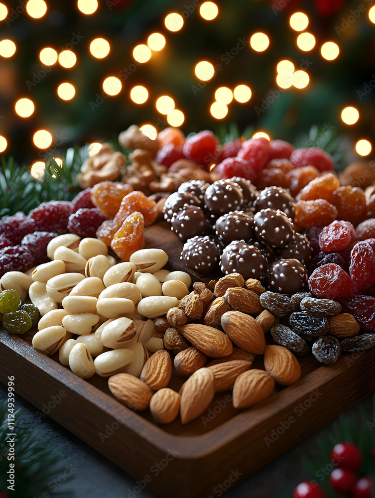 Festive tray of nuts, dried fruits, and chocolates.