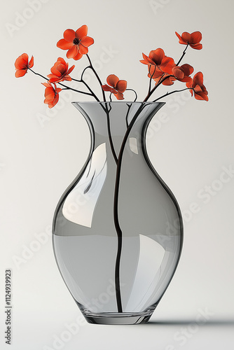 Photographie studio d'un vase en verre transparent au design simple et épuré, parfait pour des fleurs, sur fond blanc photo