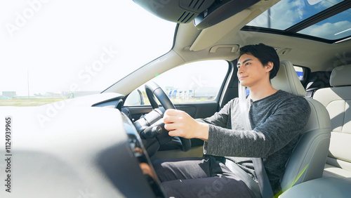 Quadro su tela 自動車、ドライブ、ドライバー、運転、男性、交通、安全、爽やか、笑顔、快適、車内、インテリア、道路、日本人、通勤、旅行、観光、ハンドル、青空、爽快、運転席、ダッシ