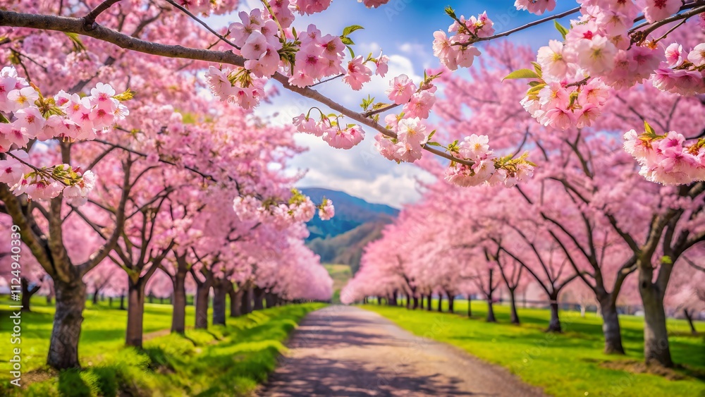 Blossoming cherry trees form a beautiful pink canopy over a country road Blossoming cherry trees form a beautiful pink canopy over a country road