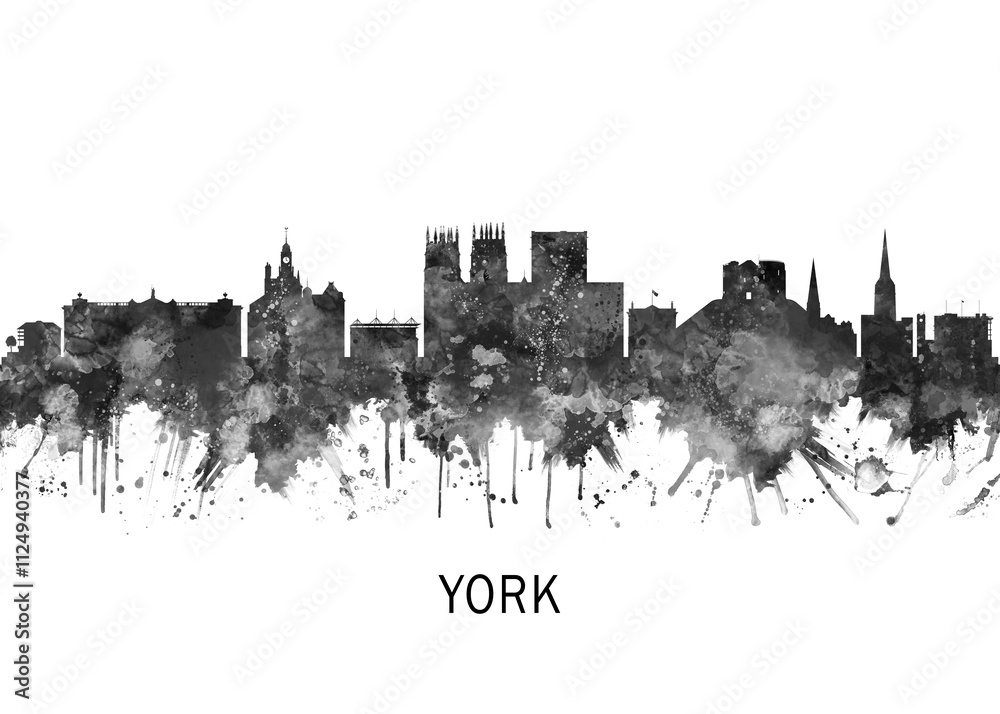 York England Skyline BW, landscape watercolor abstract painting print poster Heilongjiang travel illustration urban art modern downtown landmarks