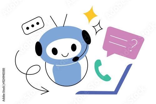 Vector illustration of a friendly chatbot assistant with headset and speech bubbles, AI powered customer support, artificial intelligence and virtual communication. Flat cartoon design for technology