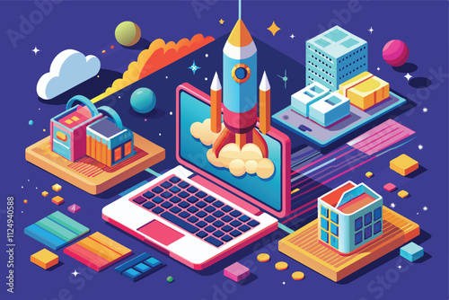 Isometric design vector illustration of a startup business. Rocket launch as a symbol of new business growth.