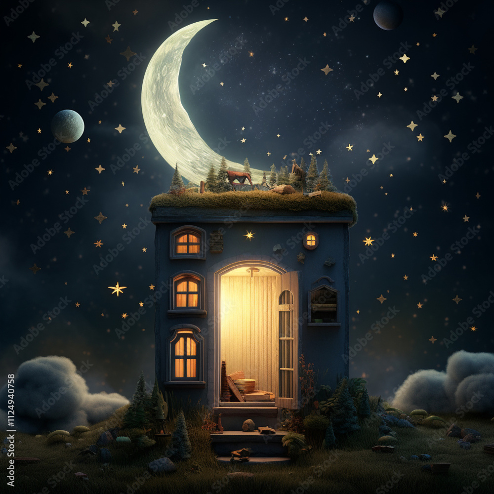 moon over the house at night, picture in cartoon style.