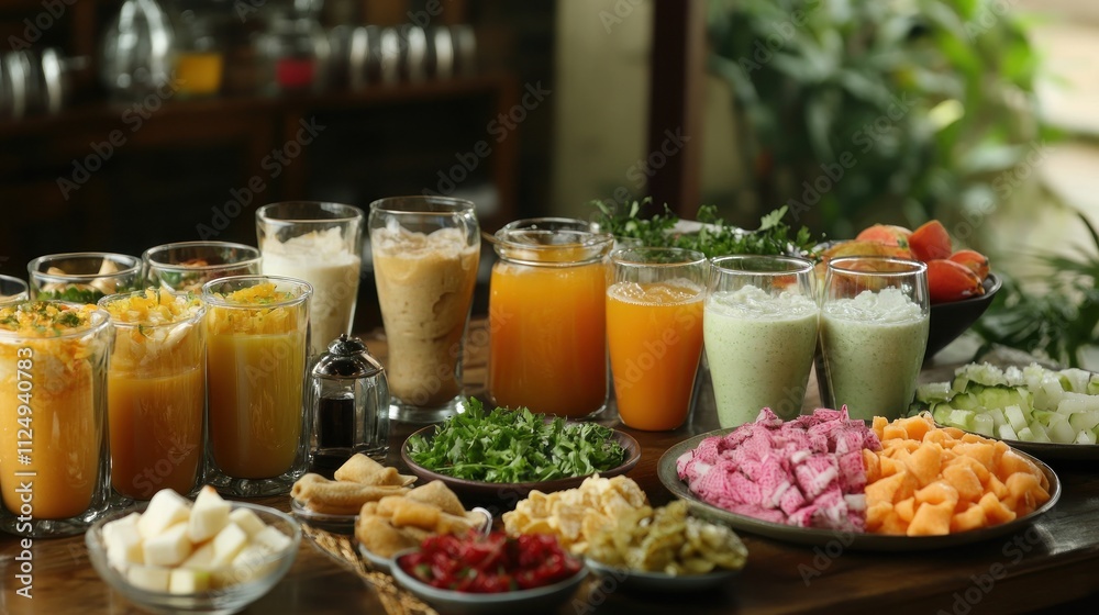 A festive Ramadan Iftar table, filled with Saudi dishes like Sambusa, soups, and fresh juices A festive Ramadan Iftar table, filled with Saudi dishes like Sambusa, soups, and fresh juices