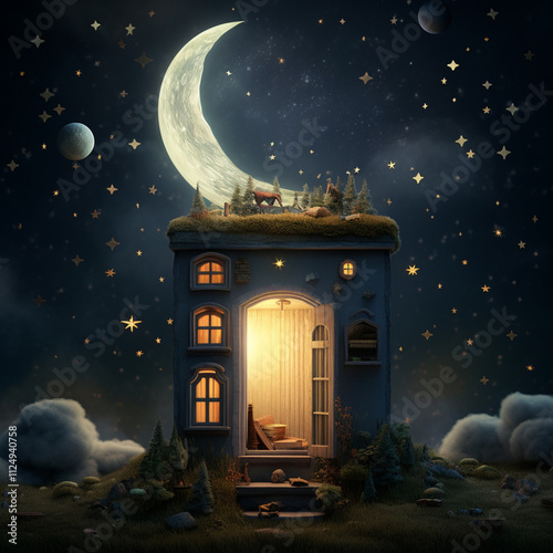 Obraz na płótnie moon over the house at night, picture in cartoon style. w salonie