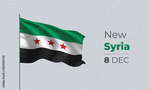 Waving Syrian Flag with 8 December Independence Day Text