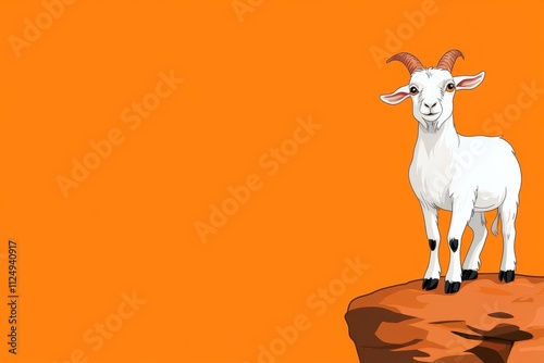 A flat vector of a dwarf goat standing on a rock, illustrated with soft earthy tones and minimal details photo