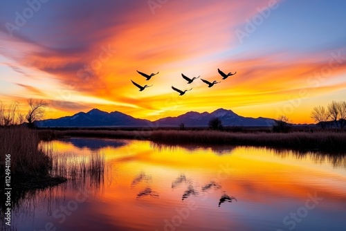 A flock of wild ducks flying in a perfect V formation under a golden sunset sky