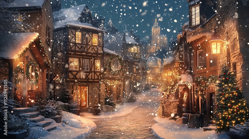 European homes in a Christmas village with snow falling on the streets. Vector illustration of a winter city scene for a greeting card design. European homes in a Christmas village with snow falling on the streets. Vector illustration of a winter city scene for a greeting card design.
