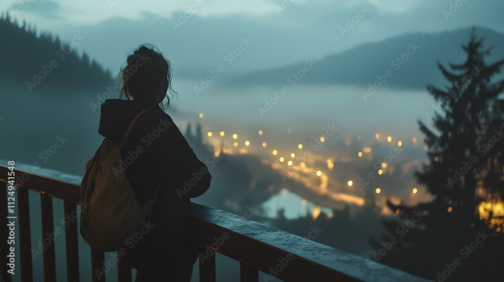 Fototapeta premium Wide shot of a woman leaning on a railing, overlooking a foggy valley with city lights shimmering below.