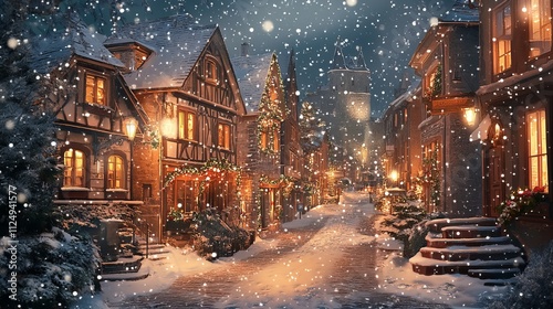 European homes in a Christmas village with snow falling on the streets. Vector illustration of a winter city scene for a greeting card design. 