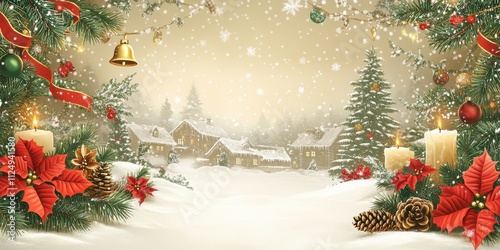 Christmas Tree Scene with Holiday Decorations, Snowy Landscape, and Wreath, for Marketing Campaigns or Personal Celebrations
