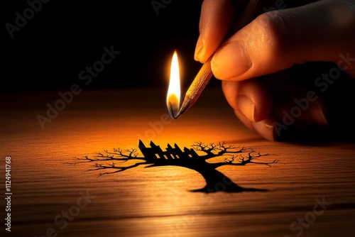 A gothic artist drawing a dark, eerie castle under candlelight, with heavy shadows and intricate cross-hatching photo