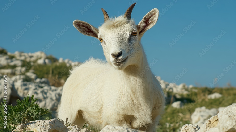 White Goat Standing on Rocky Ground Under Clear Blue Sky