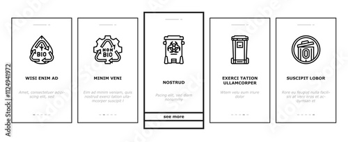 waste sorting garbage plastic onboarding mobile vector trash paper, glass can, metal container, bottle sort, food reuse, segregation bin waste sorting garbage plastic illustrations