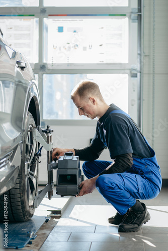 Auto mechanic adjustment automobile wheel alignment work at repair service station