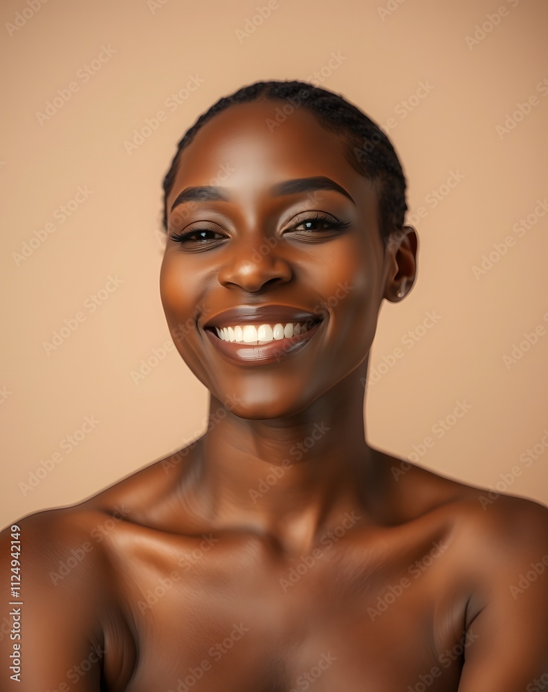 Studio shot, warm autumnal palette. A Black woman with refined features smiles gently, exuding grace and elegance. The mood is serene and sophisticated Studio shot, warm autumnal palette. A Black woman with refined features smiles gently, exuding grace and elegance. The mood is serene and sophisticated