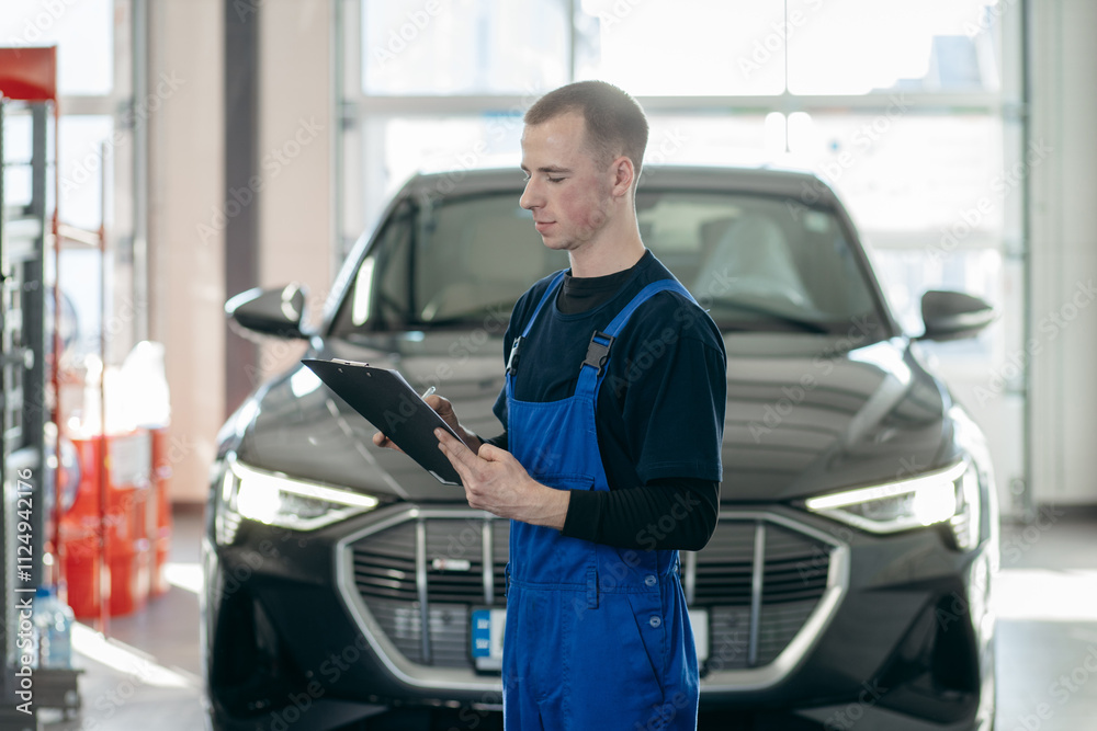 Inspector checks the work of a mechanic in a car repair shop Inspector checks the work of a mechanic in a car repair shop