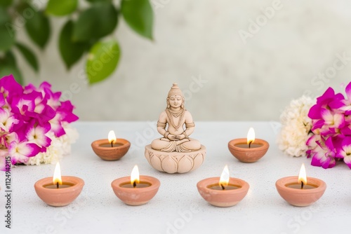 Lakshmi Puja Setup: A religious setup with an idol of Goddess Lakshmi. photo