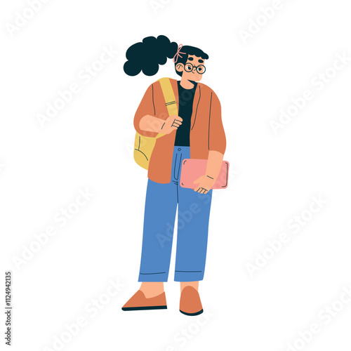 Girl Schoolkid Character with Book and Backpack Standing Vector Illustration