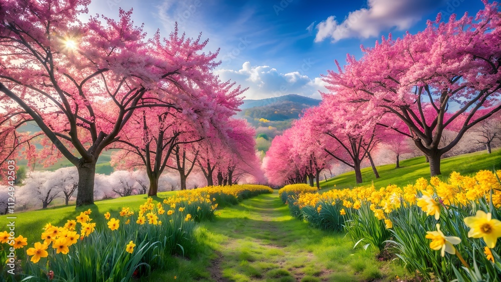 Fototapeta premium Blossoms and Daffodils Adorn a Picturesque Spring Landscape