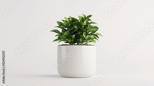 Lush Green Plant in Small White Ceramic Pot on Minimalist Studio Background