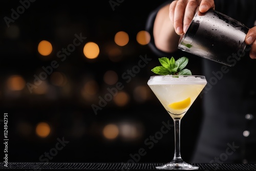 Bartender Pouring Cocktail Over Ice in a Glass at a Bar with Warm Ambient Lighting photo