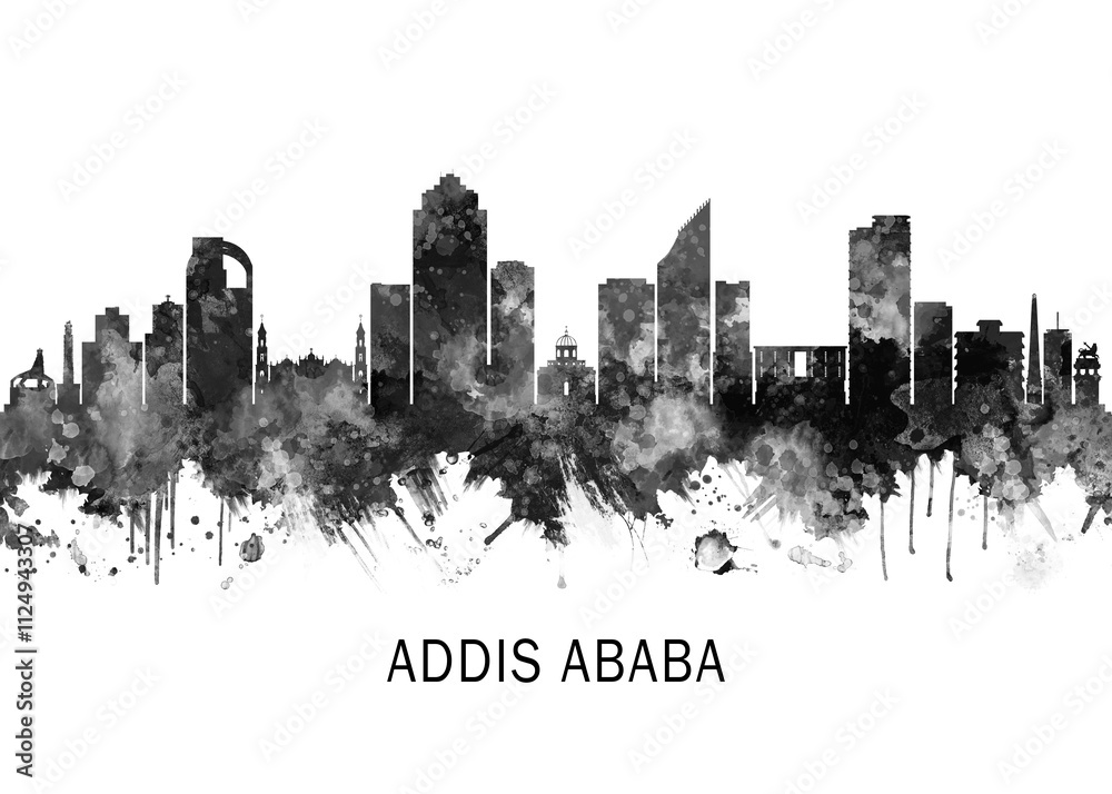 Obraz premium Addis Ababa Ethiopia skyline BW, landscape watercolor abstract painting print poster Heilongjiang travel illustration urban art modern downtown landmarks