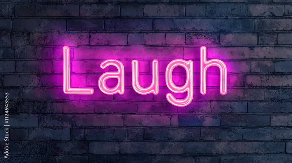 Vibrant Neon Lights Spell Out 'Laugh' Against a Textured Dark Wall for a Joyful Atmosphere. National Humor Month Concept Vibrant Neon Lights Spell Out 'Laugh' Against a Textured Dark Wall for a Joyful Atmosphere. National Humor Month Concept