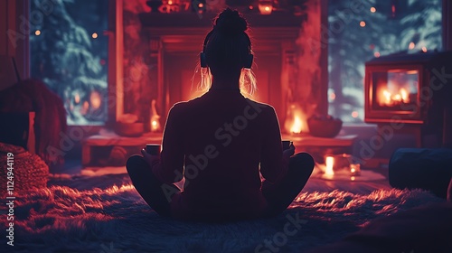 A person sitting cross-legged on a fluffy rug in front of a fireplace, enjoying a cup of hot chocolate and listening to music through headphones, creating a peaceful solo retreat photo