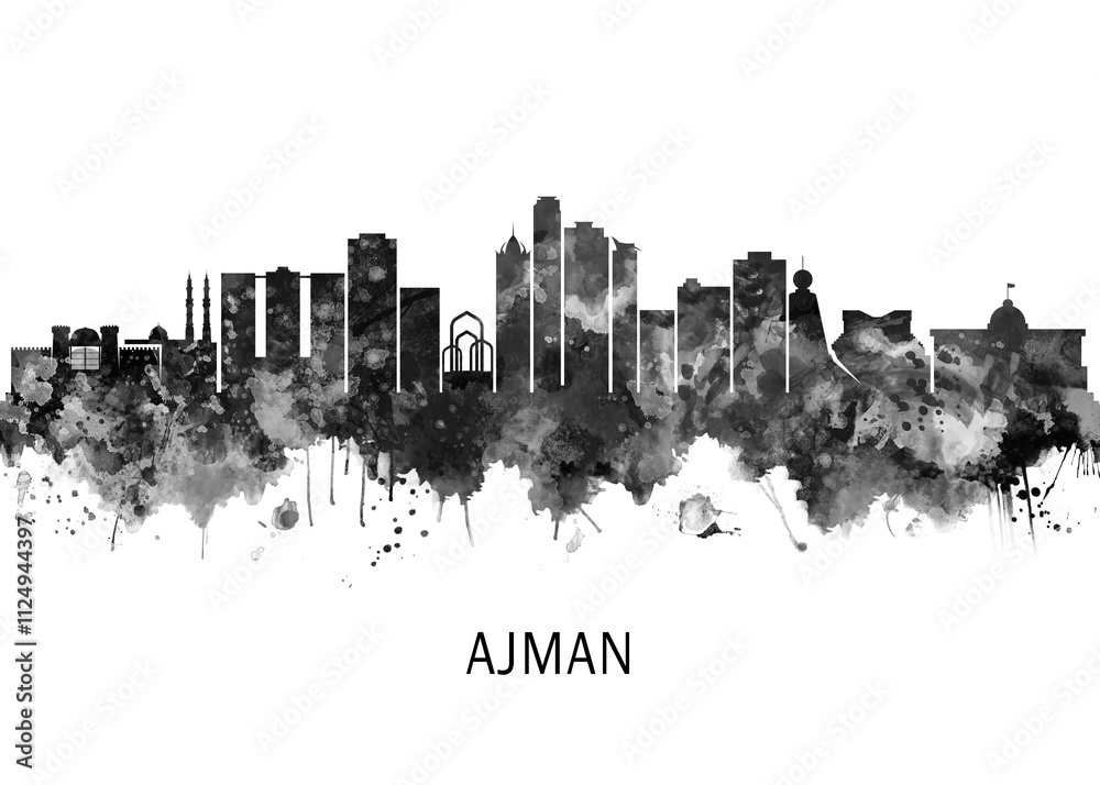 Ajman UAE Skyline BW, landscape watercolor abstract painting print poster Heilongjiang travel illustration urban art modern downtown landmarks Ajman UAE Skyline BW, landscape watercolor abstract painting print poster Heilongjiang travel illustration urban art modern downtown landmarks