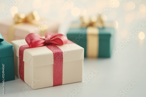 Elegant Holiday Gift Boxes with Ribbons and Bokeh Lights Background photo