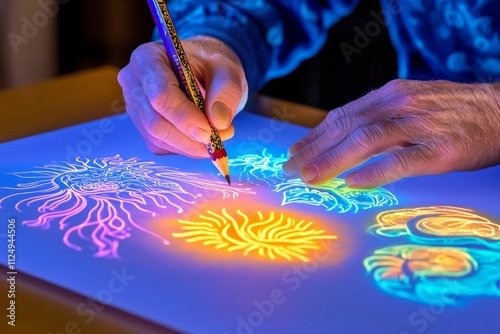 A magical drawing coming to life on paper, with fantasy creatures and glowing patterns emerging from the artistâ€™s pencil photo