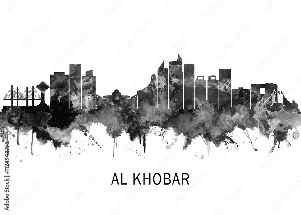 Obraz premium Al Khobar Saudi Arabia Skyline BW, landscape watercolor abstract painting print poster Heilongjiang travel illustration urban art modern downtown landmarks