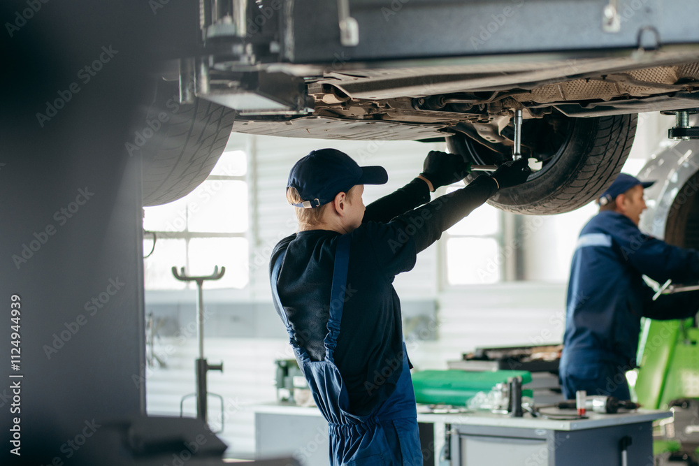 Young car mechanics at repair service station inspecting car wheel and suspension detail of lifted automobile Young car mechanics at repair service station inspecting car wheel and suspension detail of lifted automobile