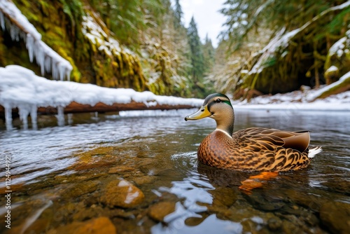 A mallard duck swimming through a snowy creek, with icicles hanging from branches overhead