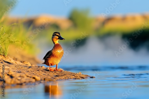 A mallard duck standing on the edge of a riverbank, with a light mist rolling over the water in the early morning