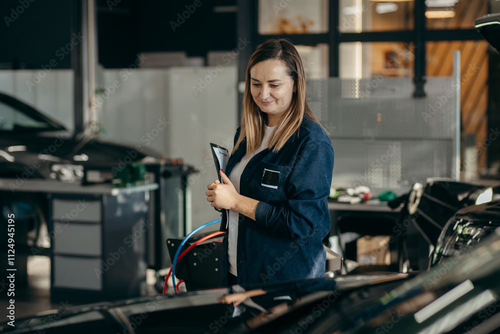 Female inspector checks the work of a mechanic in a car repair shop Female inspector checks the work of a mechanic in a car repair shop