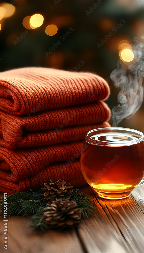 custom made wallpaper toronto digitalCozy autumn scene warm sweaters, steaming tea, pine cone.